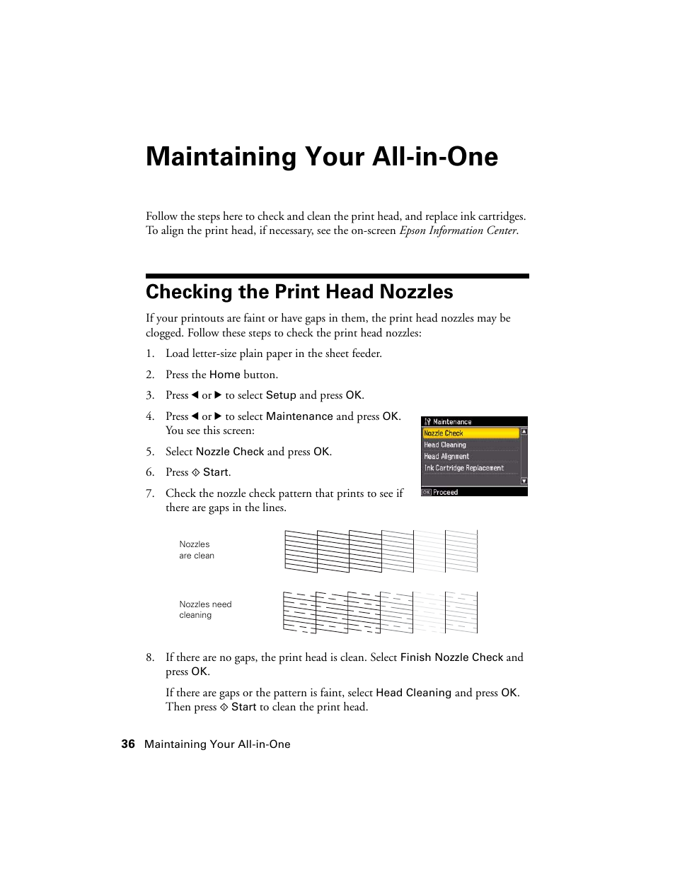 Maintaining your all-in-one, Checking the print head nozzles | Epson WorkForce 600 Series User Manual | Page 36 / 56