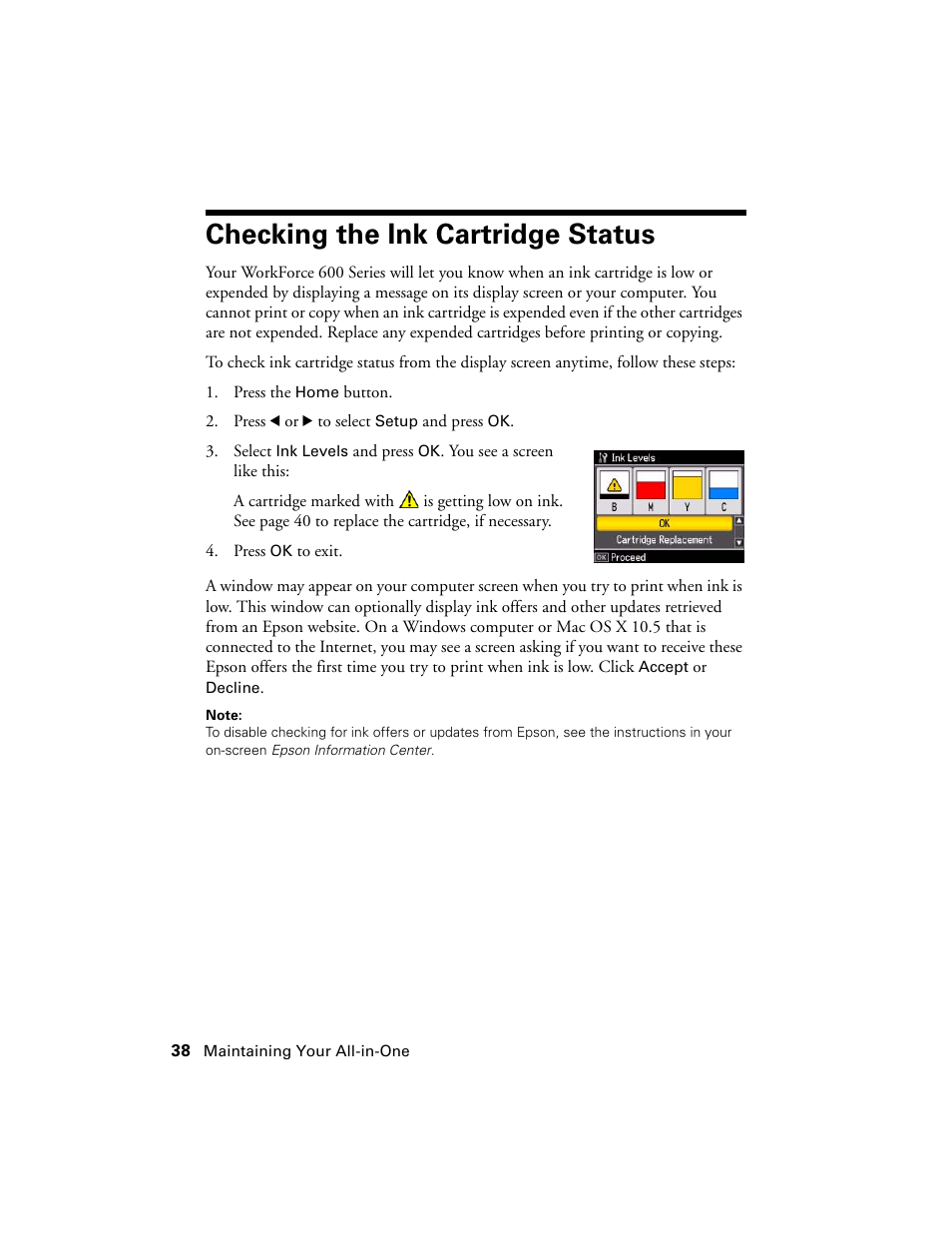 Checking the ink cartridge status | Epson WorkForce 600 Series User Manual | Page 38 / 56