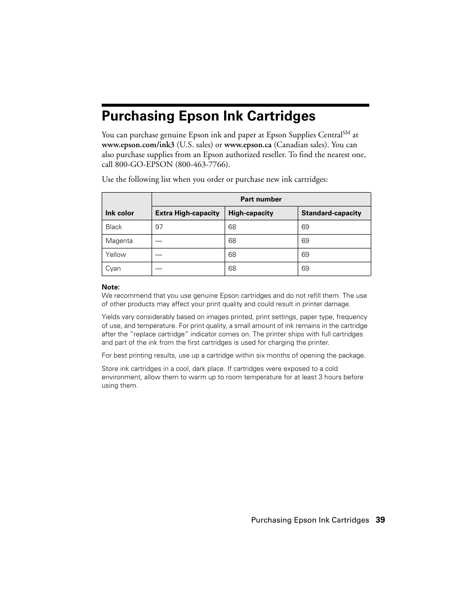 Purchasing epson ink cartridges | Epson WorkForce 600 Series User Manual | Page 39 / 56