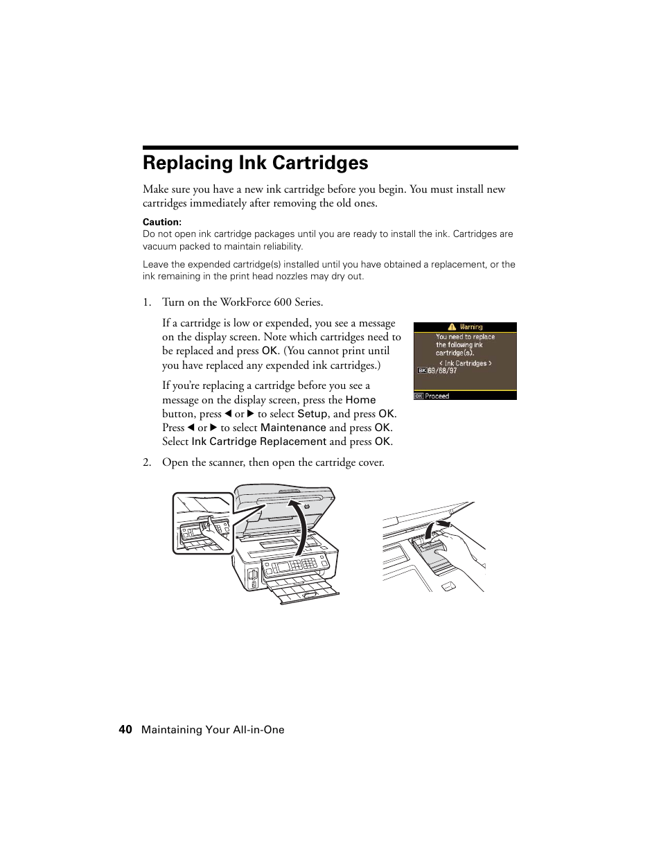 Replacing ink cartridges | Epson WorkForce 600 Series User Manual | Page 40 / 56
