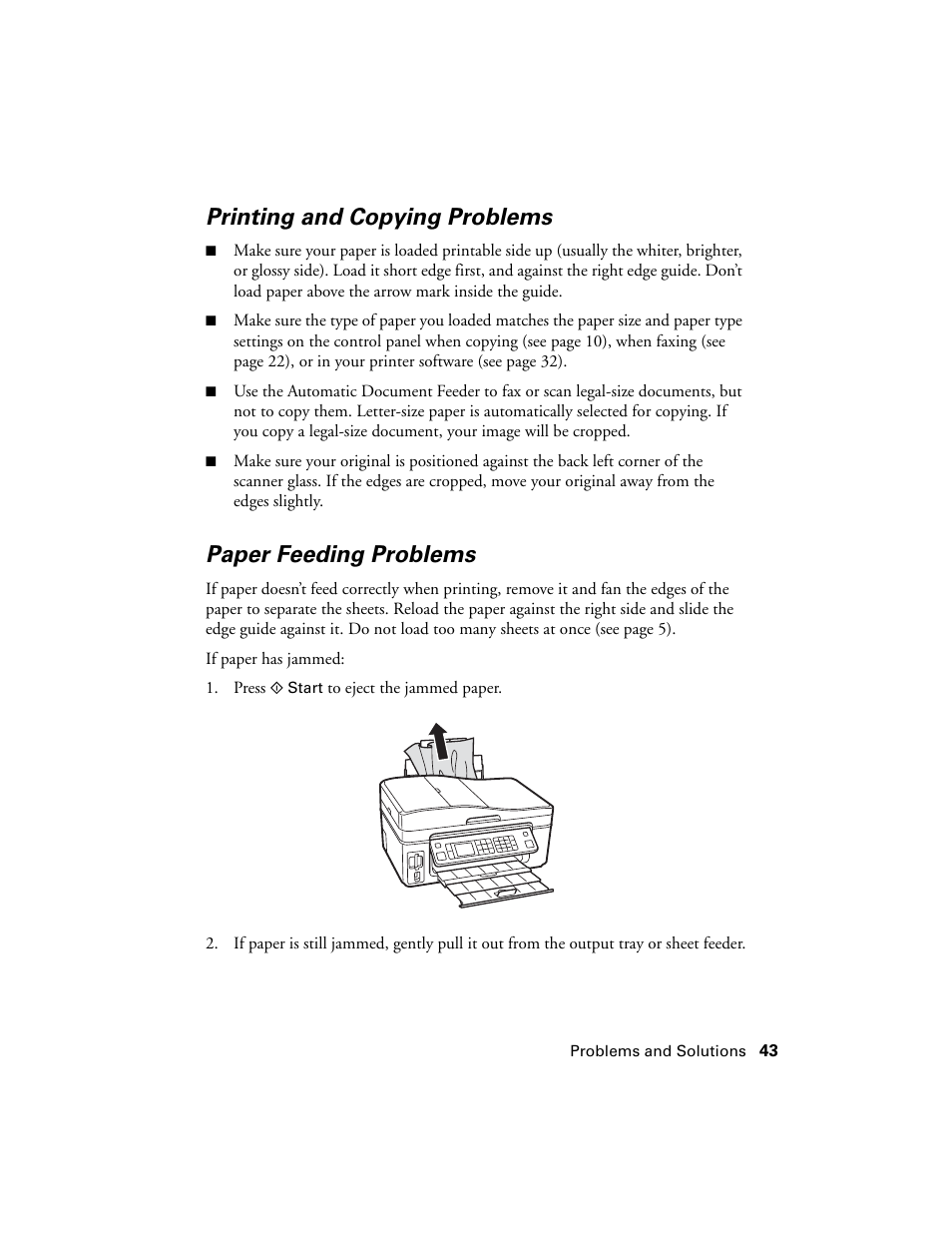 Printing and copying problems, Paper feeding problems | Epson WorkForce 600 Series User Manual | Page 43 / 56