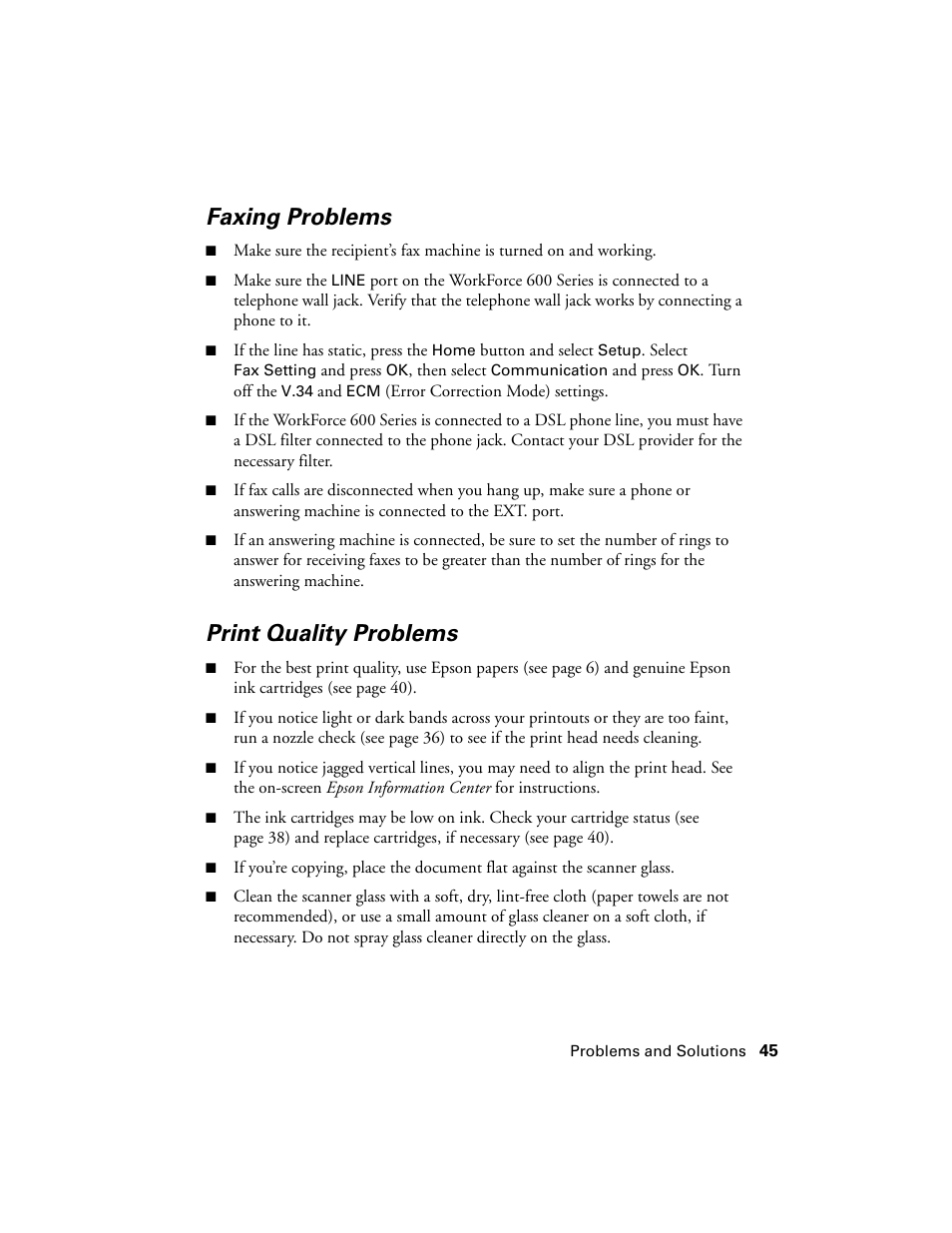 Faxing problems, Print quality problems | Epson WorkForce 600 Series User Manual | Page 45 / 56