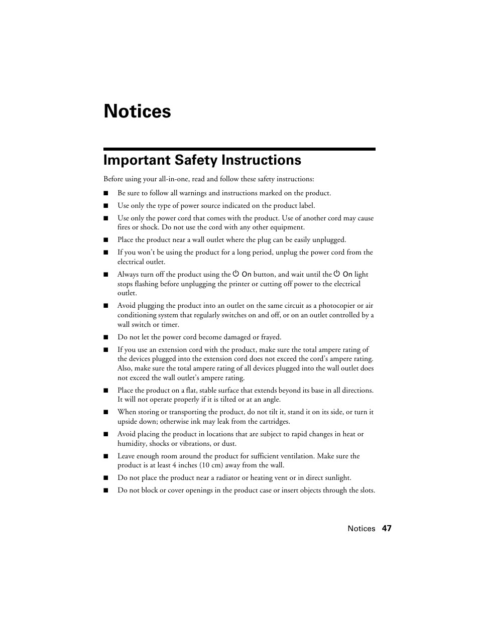 Notices, Important safety instructions | Epson WorkForce 600 Series User Manual | Page 47 / 56