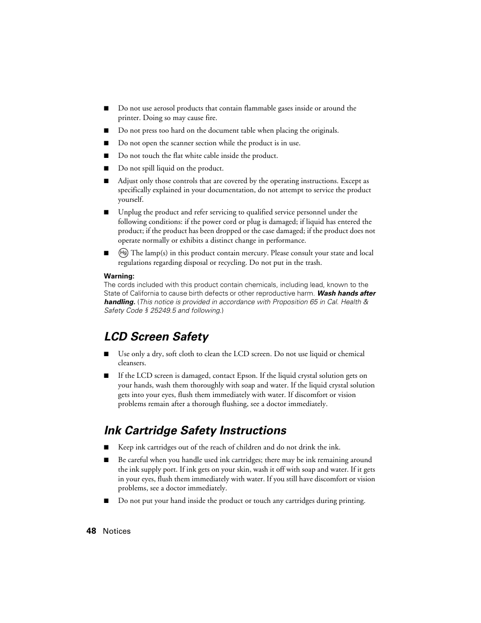 Lcd screen safety, Ink cartridge safety instructions | Epson WorkForce 600 Series User Manual | Page 48 / 56