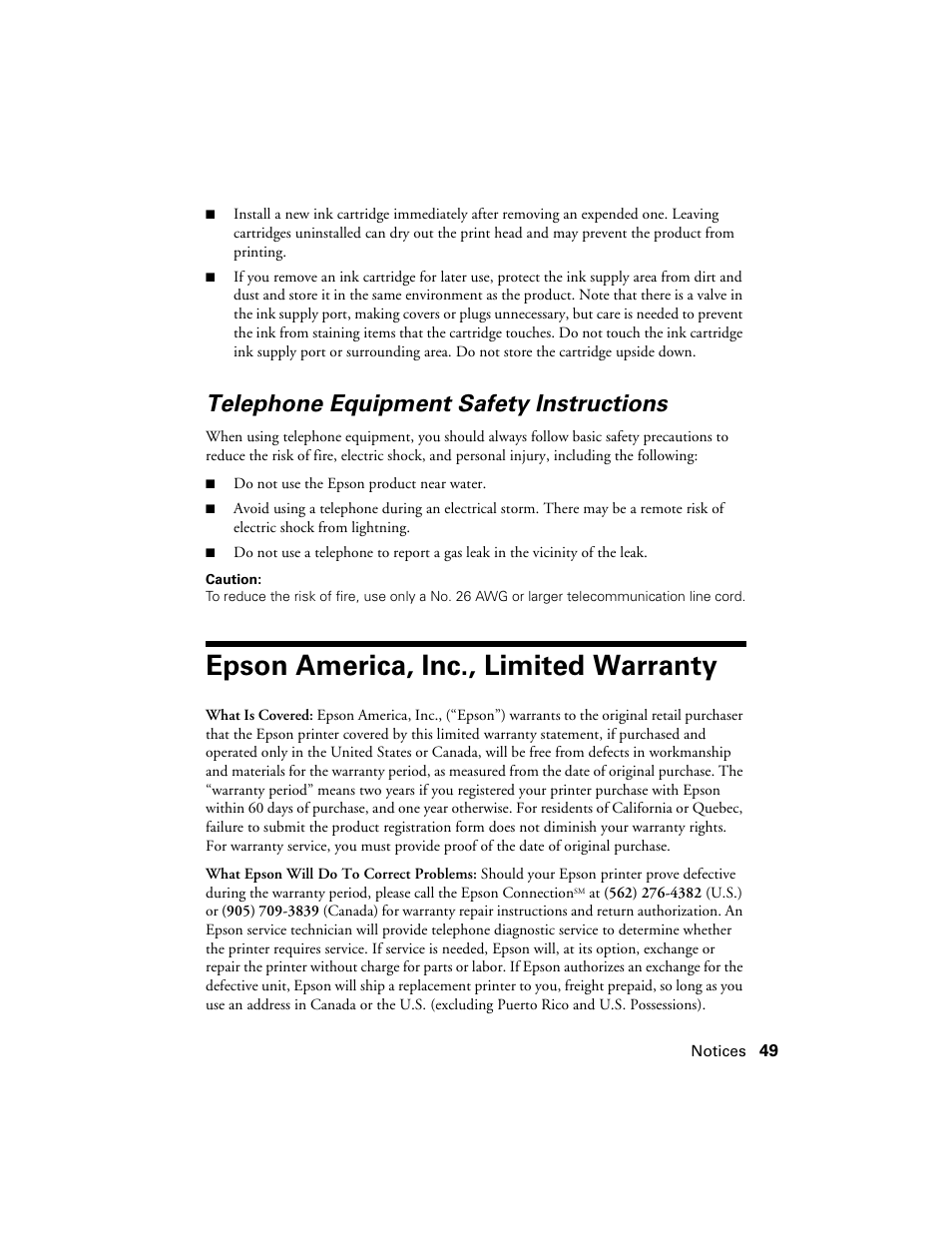 Telephone equipment safety instructions, Epson america, inc., limited warranty | Epson WorkForce 600 Series User Manual | Page 49 / 56