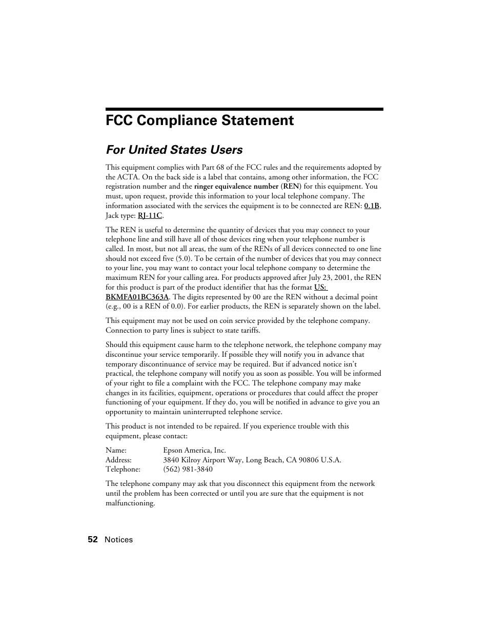 For united states users, Fcc compliance statement | Epson WorkForce 600 Series User Manual | Page 52 / 56