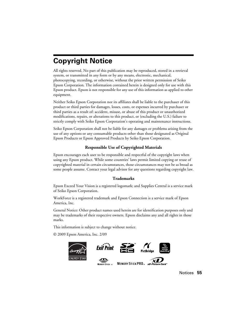 Copyright notice | Epson WorkForce 600 Series User Manual | Page 55 / 56