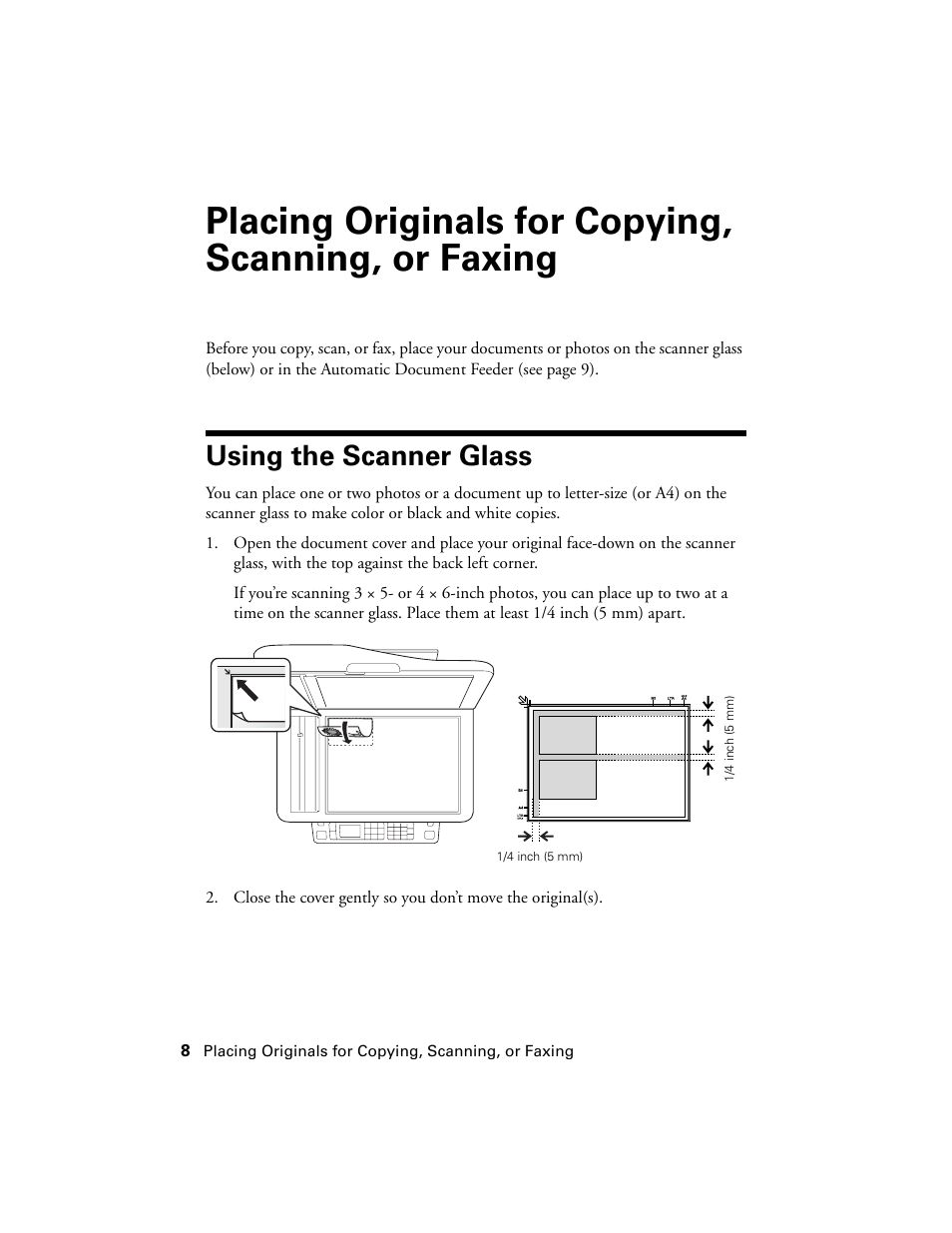 Placing originals for copying, scanning, or faxing, Using the scanner glass | Epson WorkForce 600 Series User Manual | Page 8 / 56