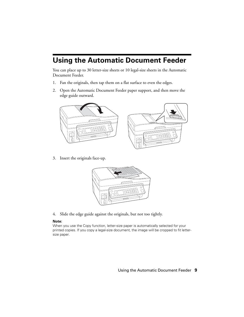 Using the automatic document feeder | Epson WorkForce 600 Series User Manual | Page 9 / 56