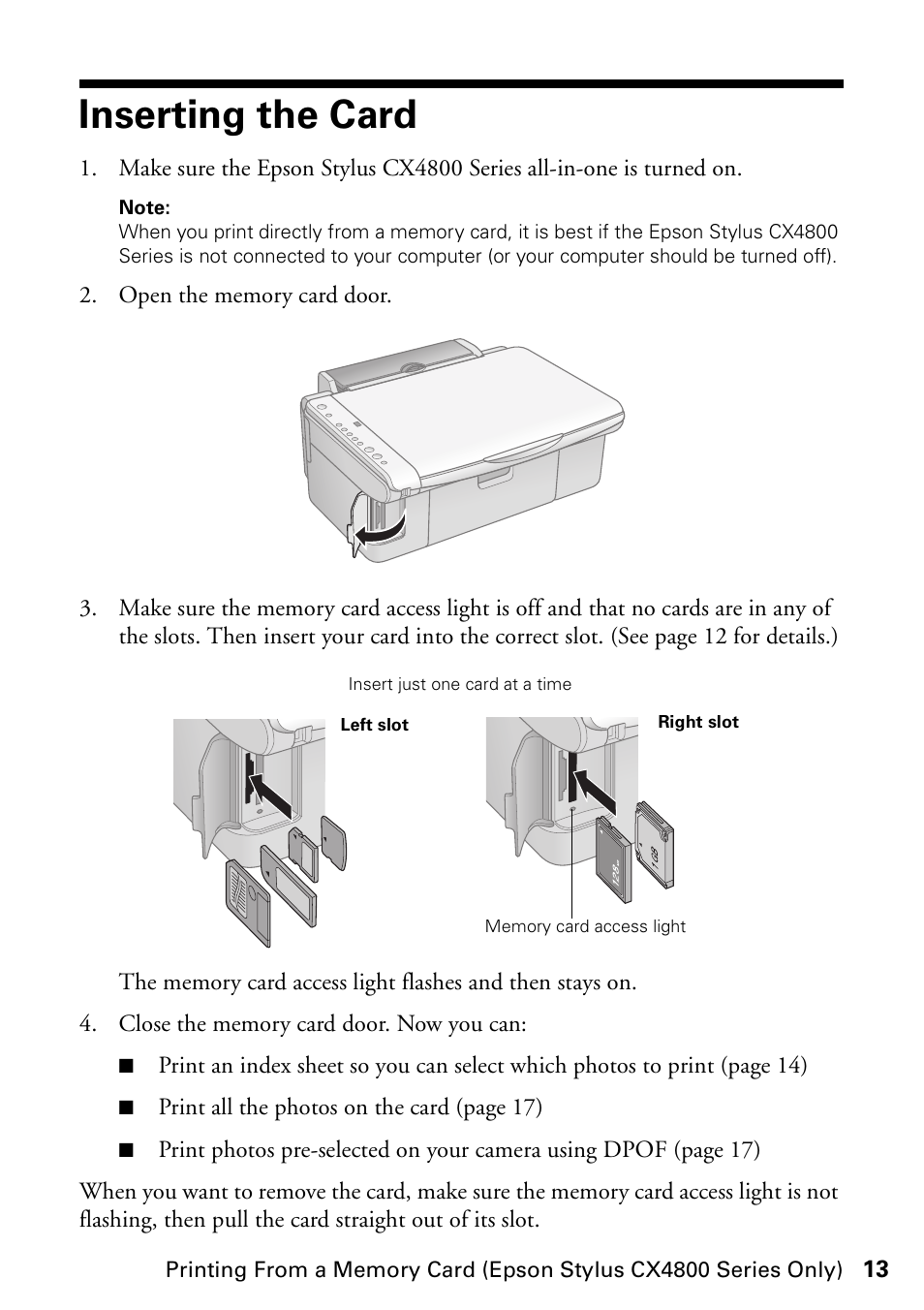 Inserting the card | Epson Stylus CX4800 User Manual | Page 13 / 48