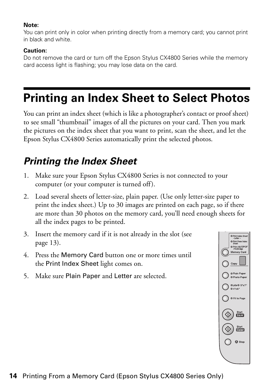 Printing an index sheet to select photos, Printing the index sheet | Epson Stylus CX4800 User Manual | Page 14 / 48
