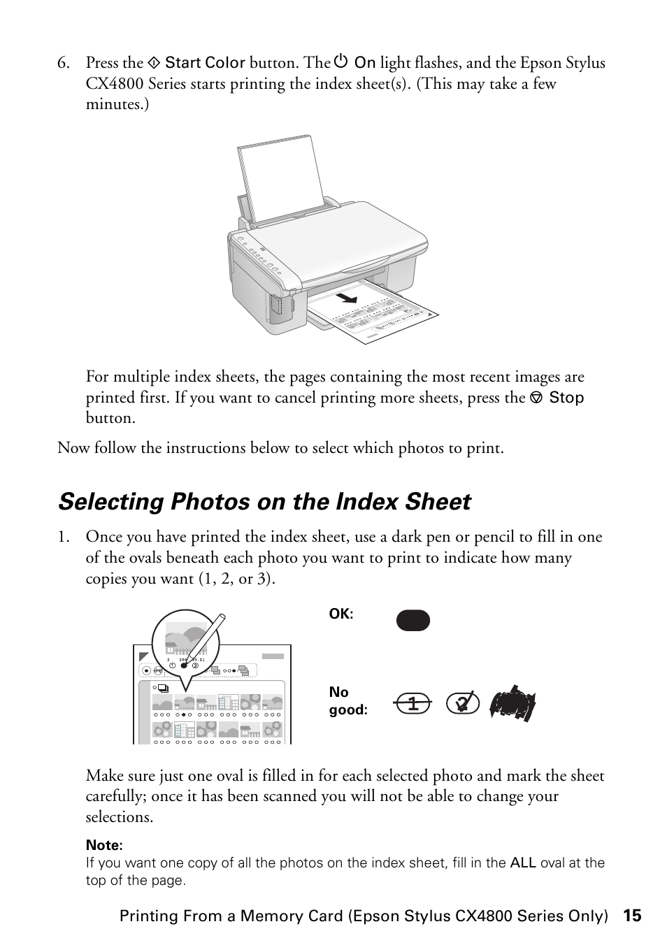 Selecting photos on the index sheet | Epson Stylus CX4800 User Manual | Page 15 / 48