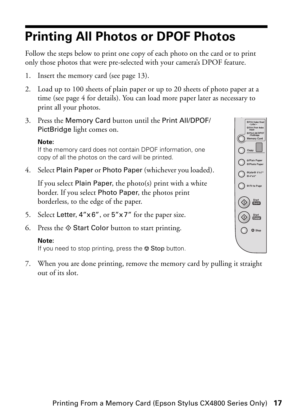 Printing all photos or dpof photos | Epson Stylus CX4800 User Manual | Page 17 / 48