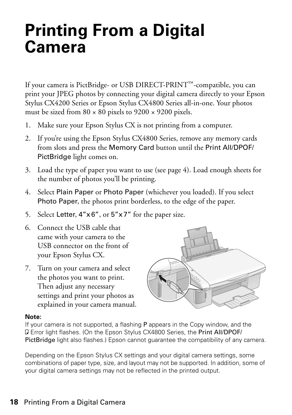 Printing from a digital camera | Epson Stylus CX4800 User Manual | Page 18 / 48