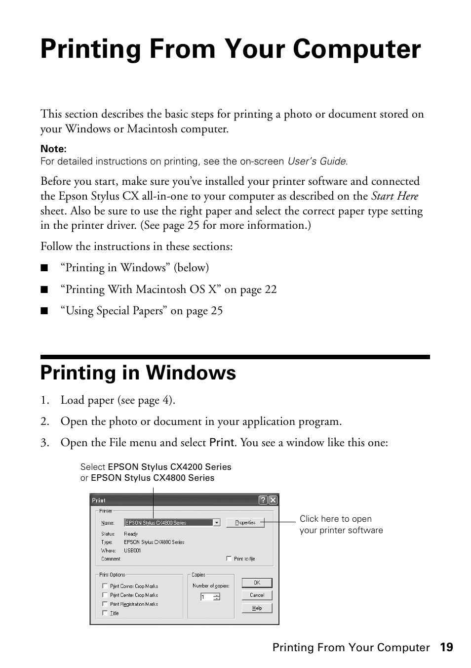 Printing from your computer, Printing in windows | Epson Stylus CX4800 User Manual | Page 19 / 48