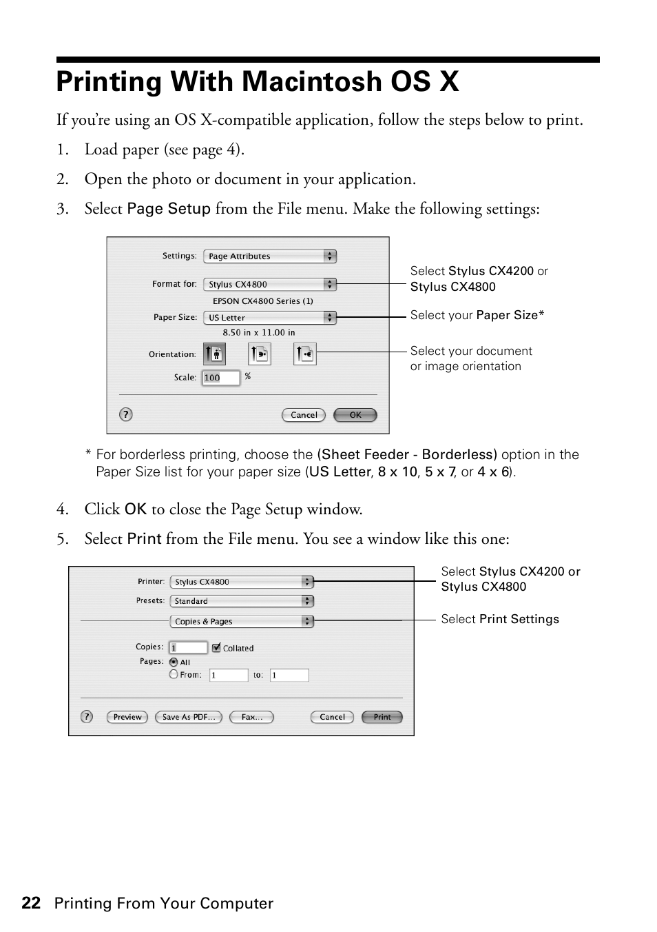 Printing with macintosh os x | Epson Stylus CX4800 User Manual | Page 22 / 48