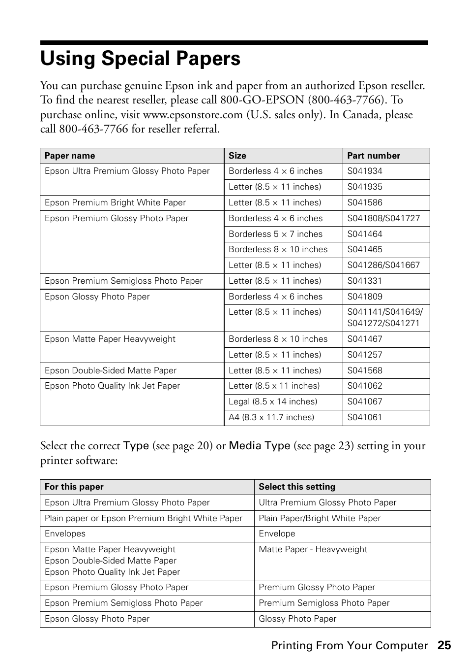 Using special papers, See page 20) or, See page 23) setting in your printer software | Printing from your computer, Type, Media type | Epson Stylus CX4800 User Manual | Page 25 / 48