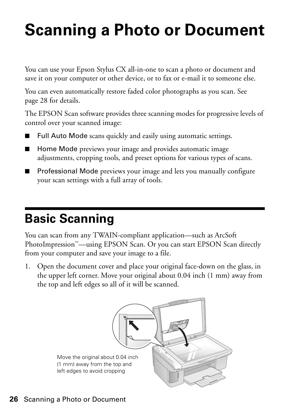 Scanning a photo or document, Basic scanning | Epson Stylus CX4800 User Manual | Page 26 / 48