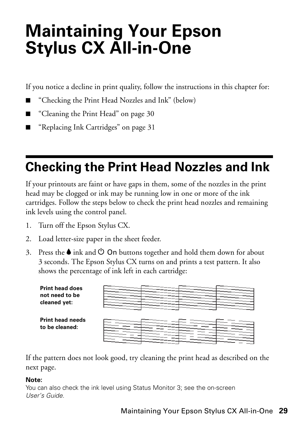 Maintaining your epson stylus cx all-in-one, Checking the print head nozzles and ink | Epson Stylus CX4800 User Manual | Page 29 / 48