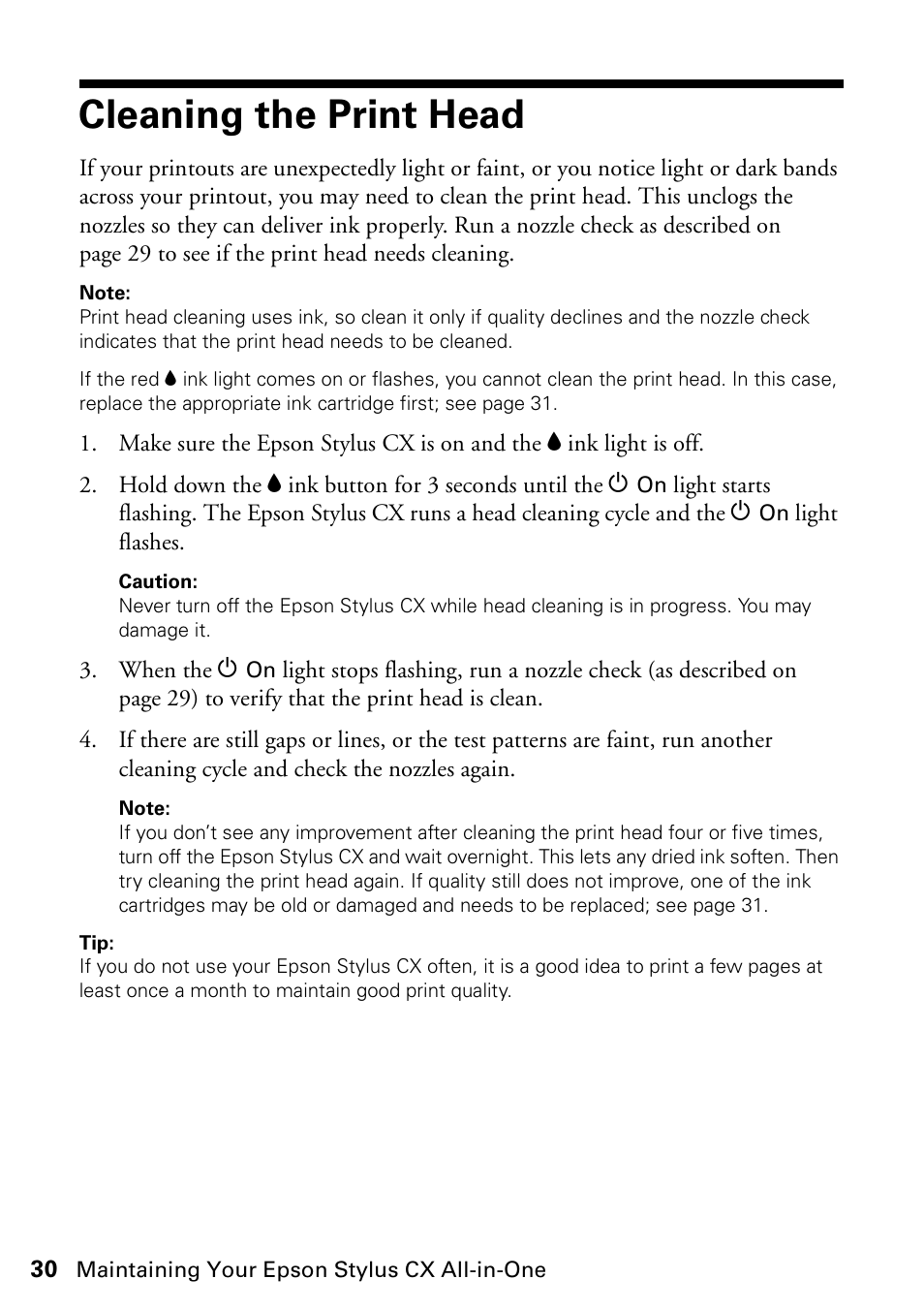 Cleaning the print head | Epson Stylus CX4800 User Manual | Page 30 / 48