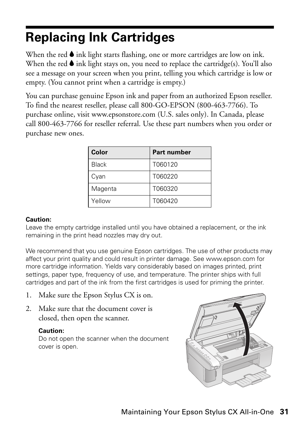 Replacing ink cartridges | Epson Stylus CX4800 User Manual | Page 31 / 48