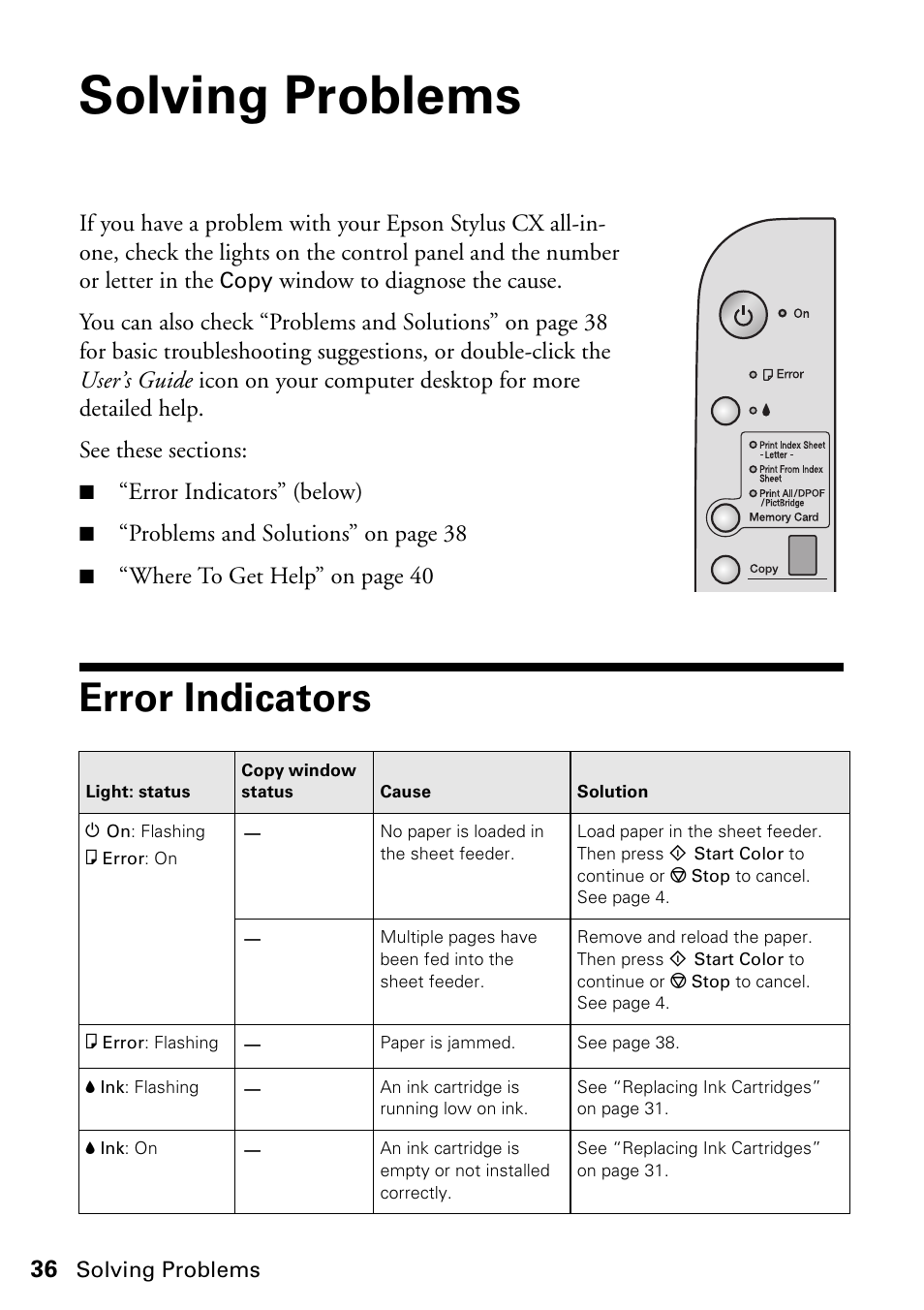 Solving problems, Error indicators, Error indicators” (b elow) | Problems and solutions” on page 38, Where to get help” on page 40 | Epson Stylus CX4800 User Manual | Page 36 / 48
