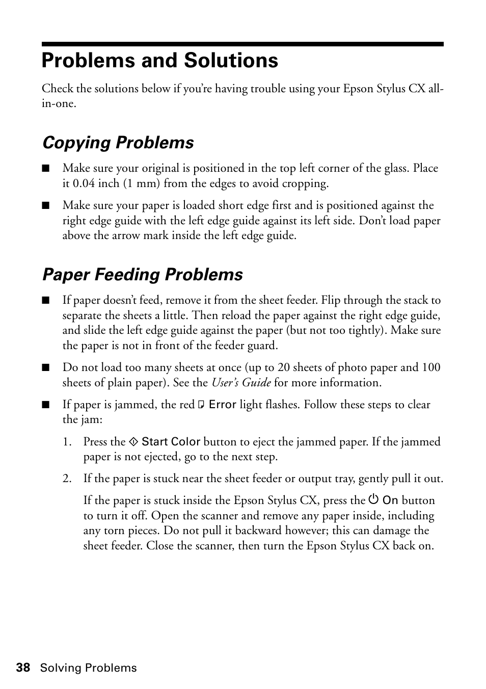 Problems and solutions, Copying problems, Paper feeding problems | Epson Stylus CX4800 User Manual | Page 38 / 48