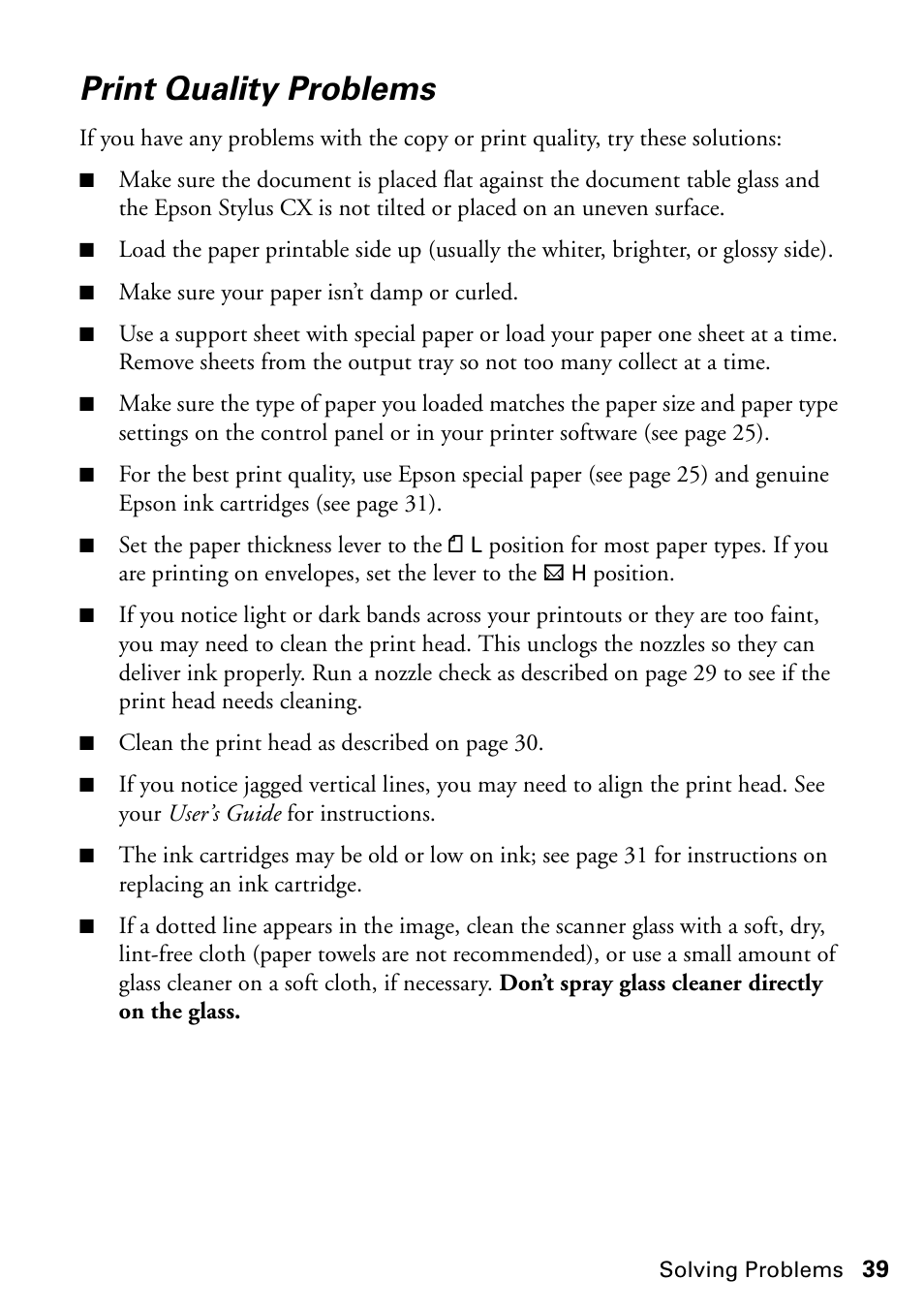 Print quality problems | Epson Stylus CX4800 User Manual | Page 39 / 48