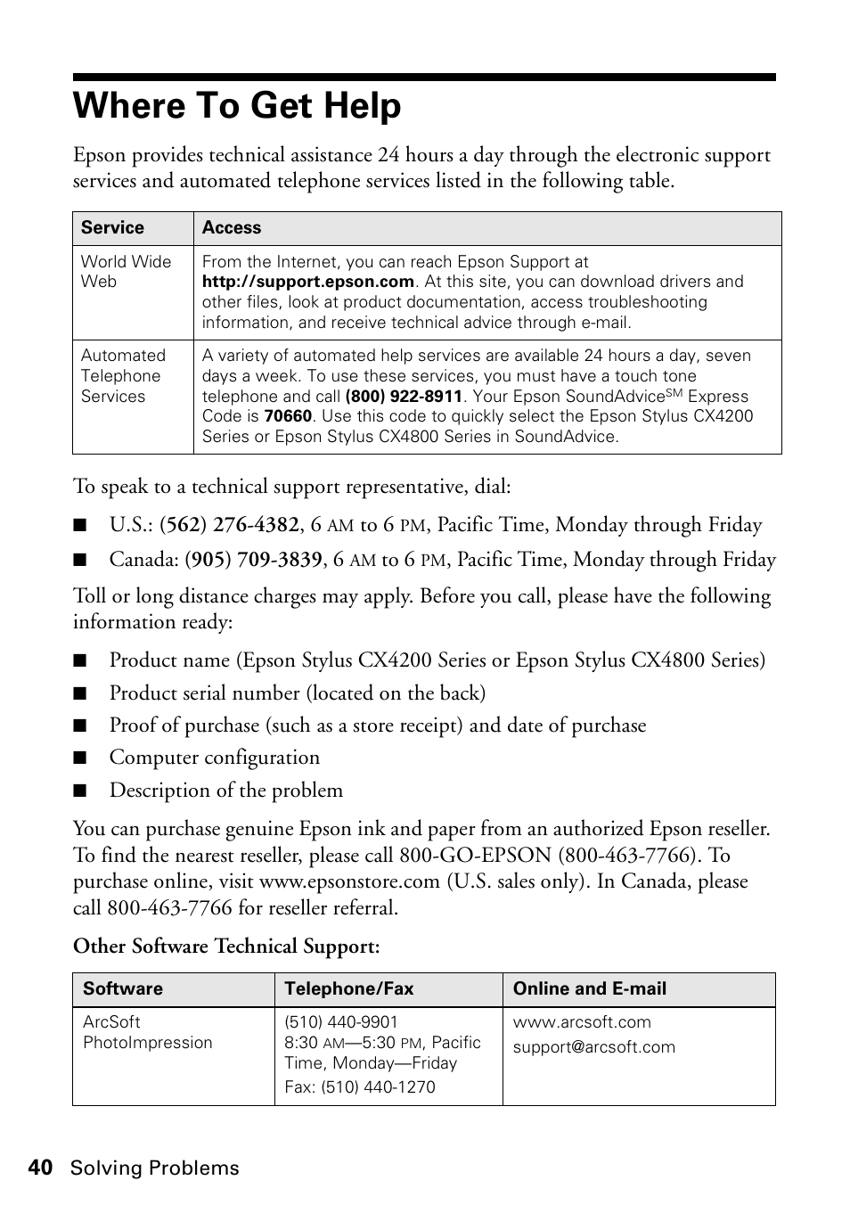 Where to get help | Epson Stylus CX4800 User Manual | Page 40 / 48