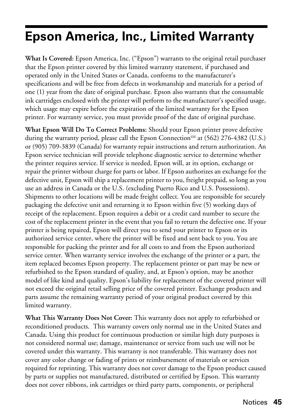Epson america, inc., limited warranty, Warranty | Epson Stylus CX4800 User Manual | Page 45 / 48