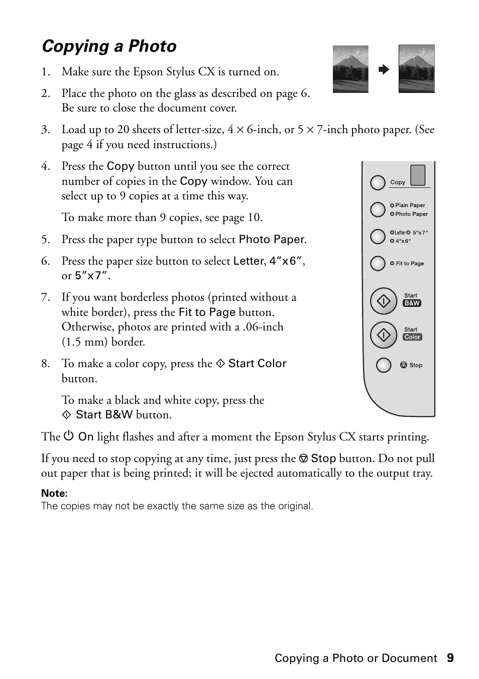 Copying a photo | Epson Stylus CX4800 User Manual | Page 9 / 48