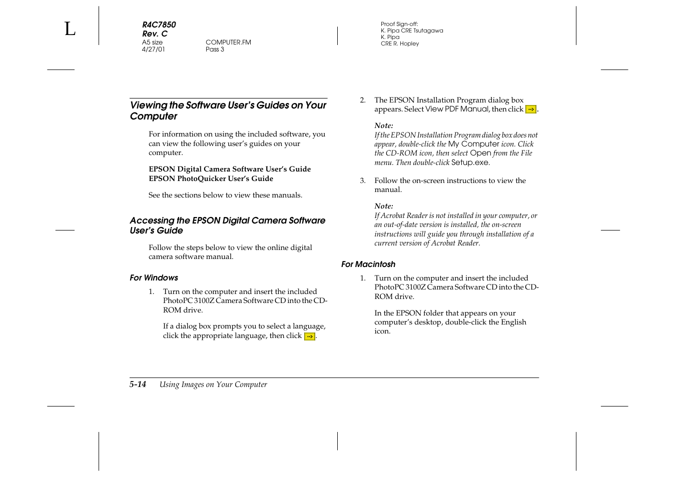 For windows, For macintosh, Viewing the software user’s guides on | Your computer -14, Accessing the epson digital camera, Software user’s guide -14 | Epson 3100Z User Manual | Page 100 / 143