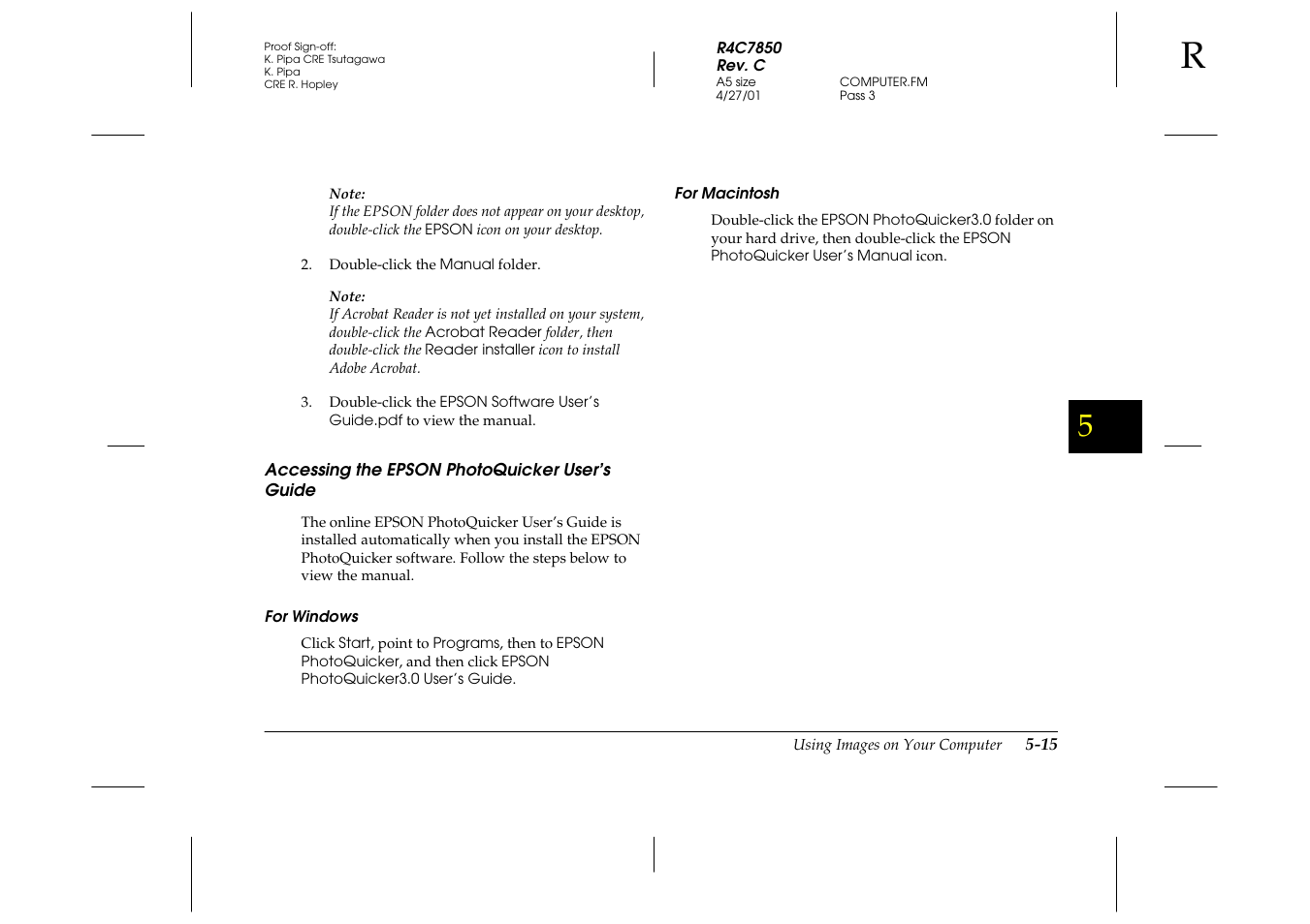 Accessing the epson photoquicker user’s guide, For windows, For macintosh | Accessing the epson photoquicker, User’s guide -15 | Epson 3100Z User Manual | Page 101 / 143