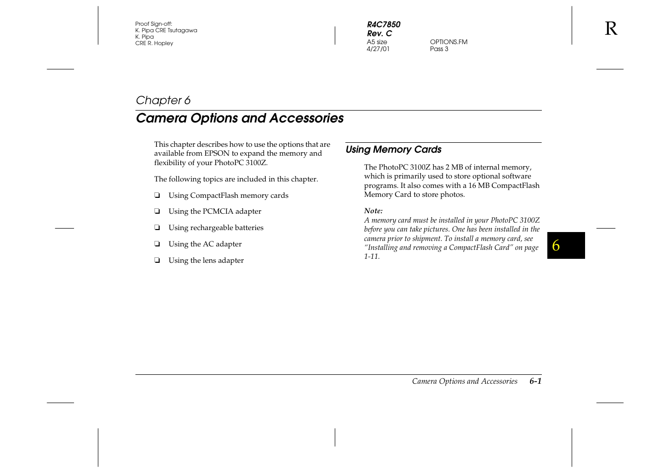 Camera options and accessories, Using memory cards, Chapter 6 | Using memory cards -1 | Epson 3100Z User Manual | Page 103 / 143