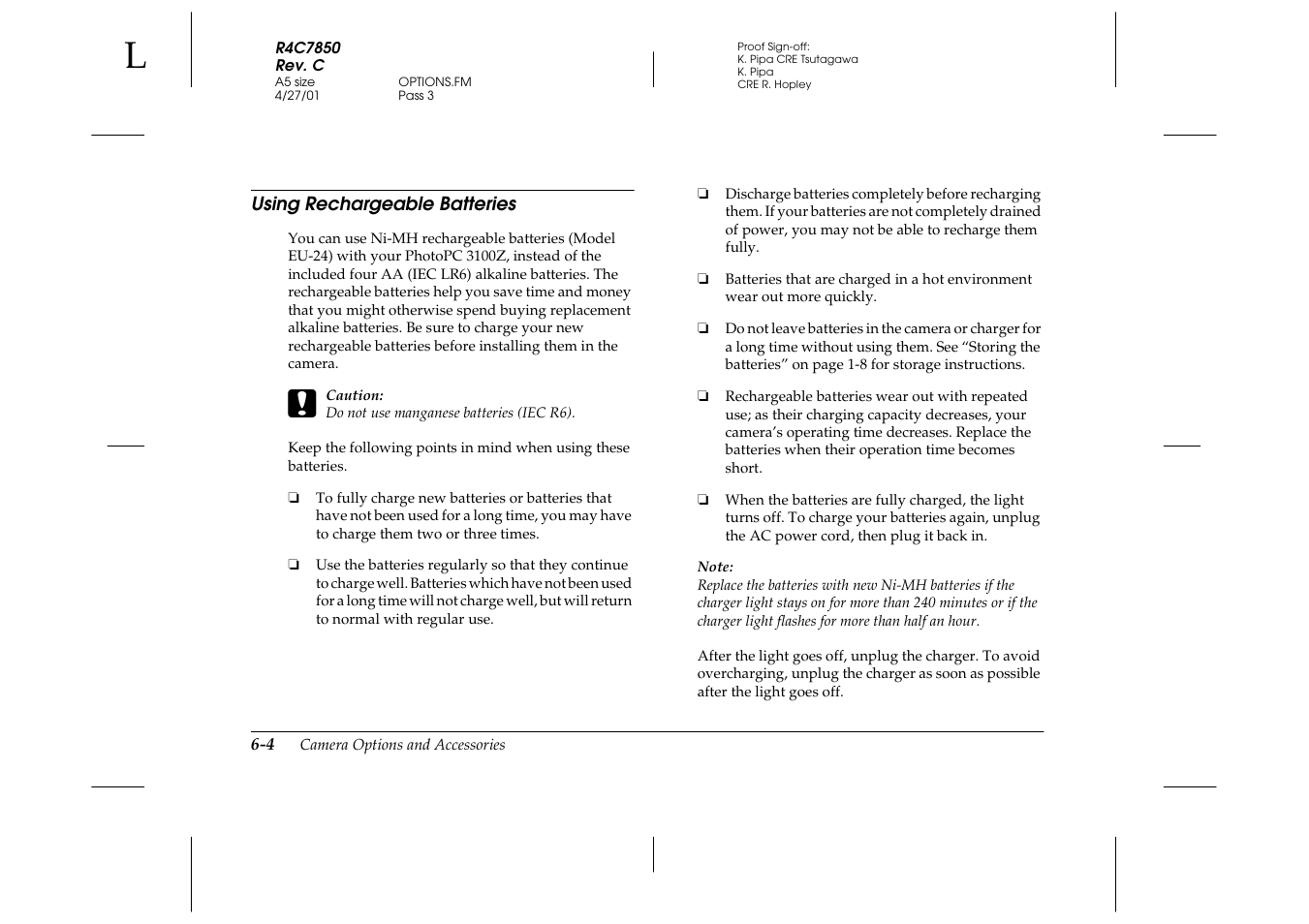 Using rechargeable batteries, Using rechargeable batteries -4 | Epson 3100Z User Manual | Page 106 / 143