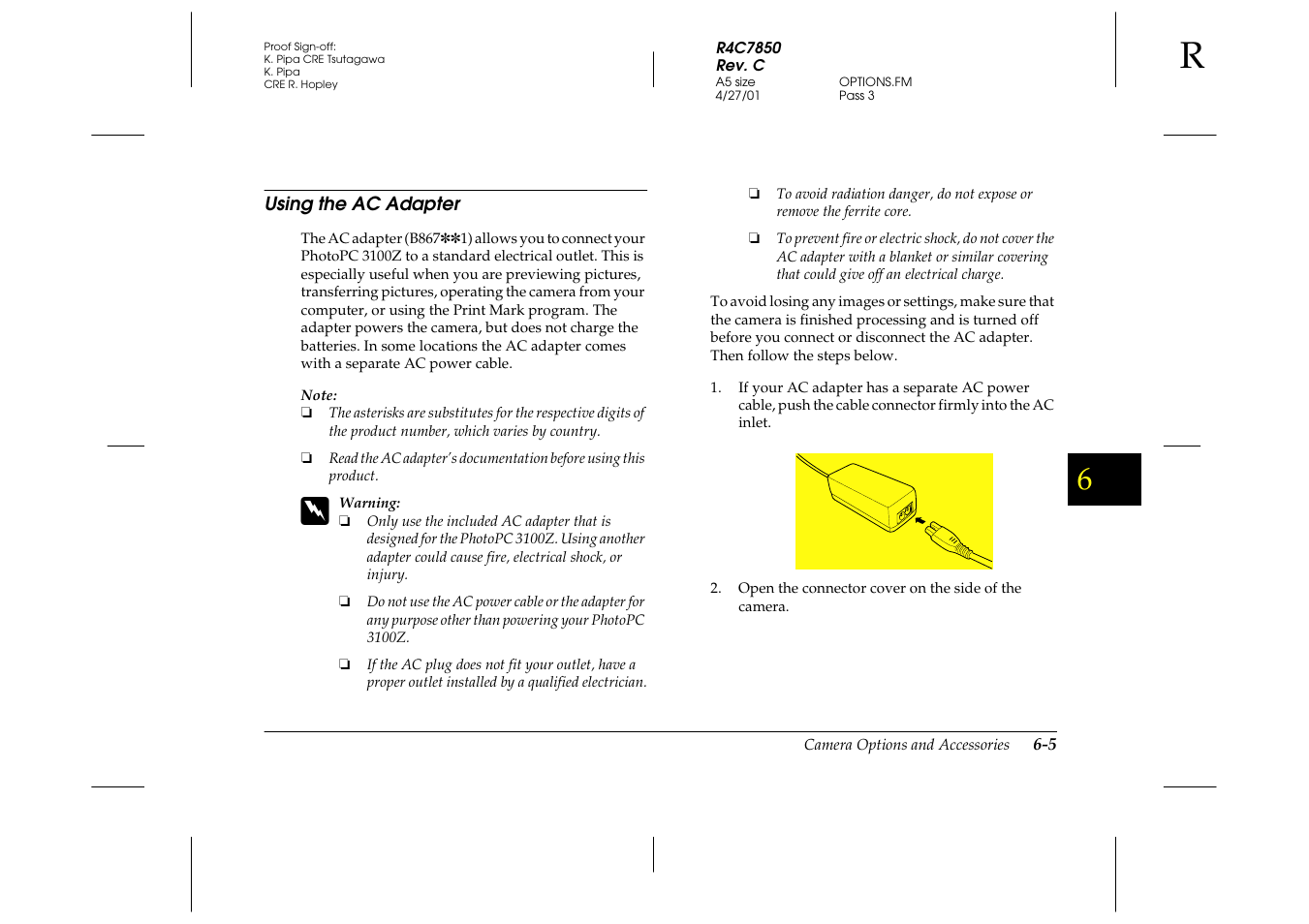 Using the ac adapter, Using the ac adapter -5 | Epson 3100Z User Manual | Page 107 / 143