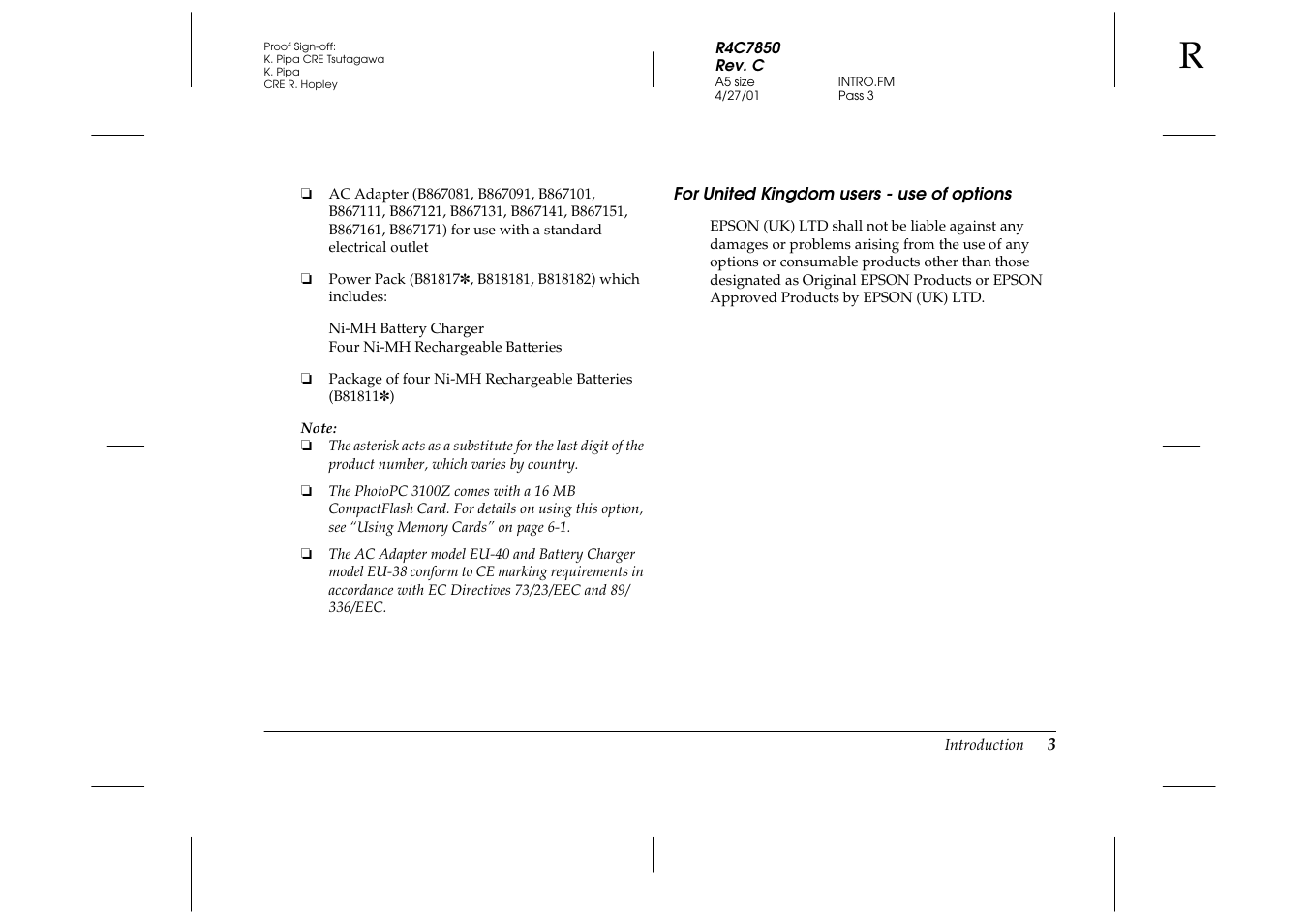 For united kingdom users - use of options | Epson 3100Z User Manual | Page 11 / 143