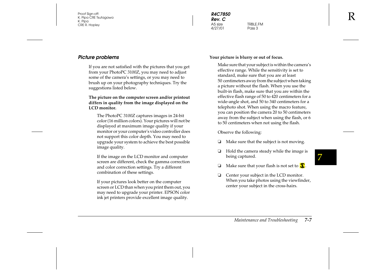 Picture problems, Picture problems -7 | Epson 3100Z User Manual | Page 115 / 143