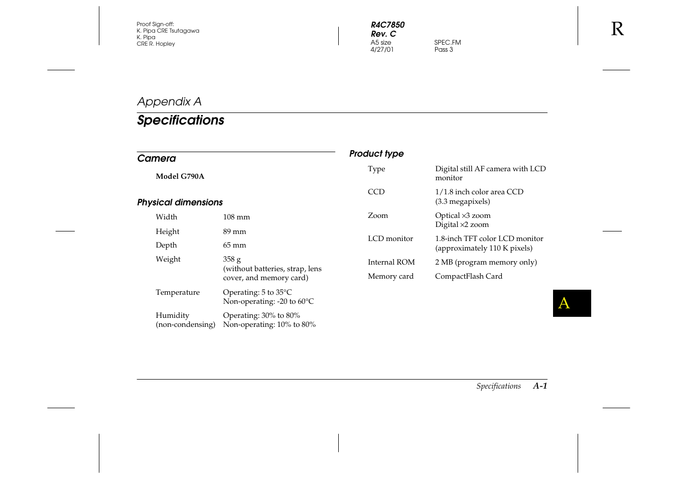 A. specifications, Camera, Physical dimensions | Product type, Appendix a, Specifications | Epson 3100Z User Manual | Page 119 / 143