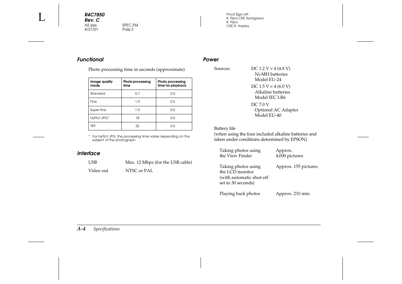 Functional, Interface, Power | Epson 3100Z User Manual | Page 122 / 143