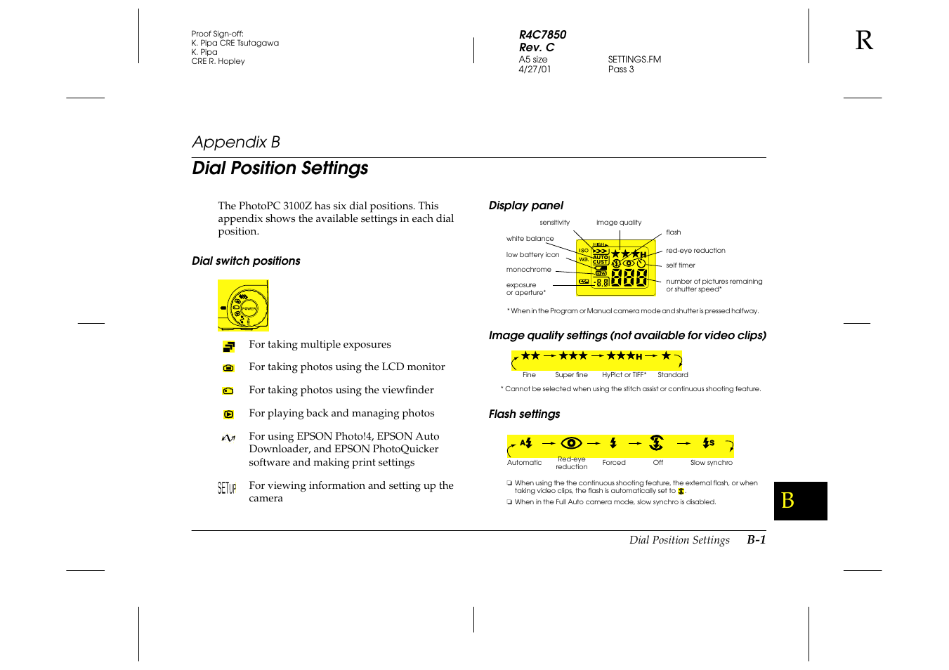 B. dial position settings, Dial switch positions, Display panel | Flash settings, Appendix b d, Dial position settings, Appendix b | Epson 3100Z User Manual | Page 125 / 143