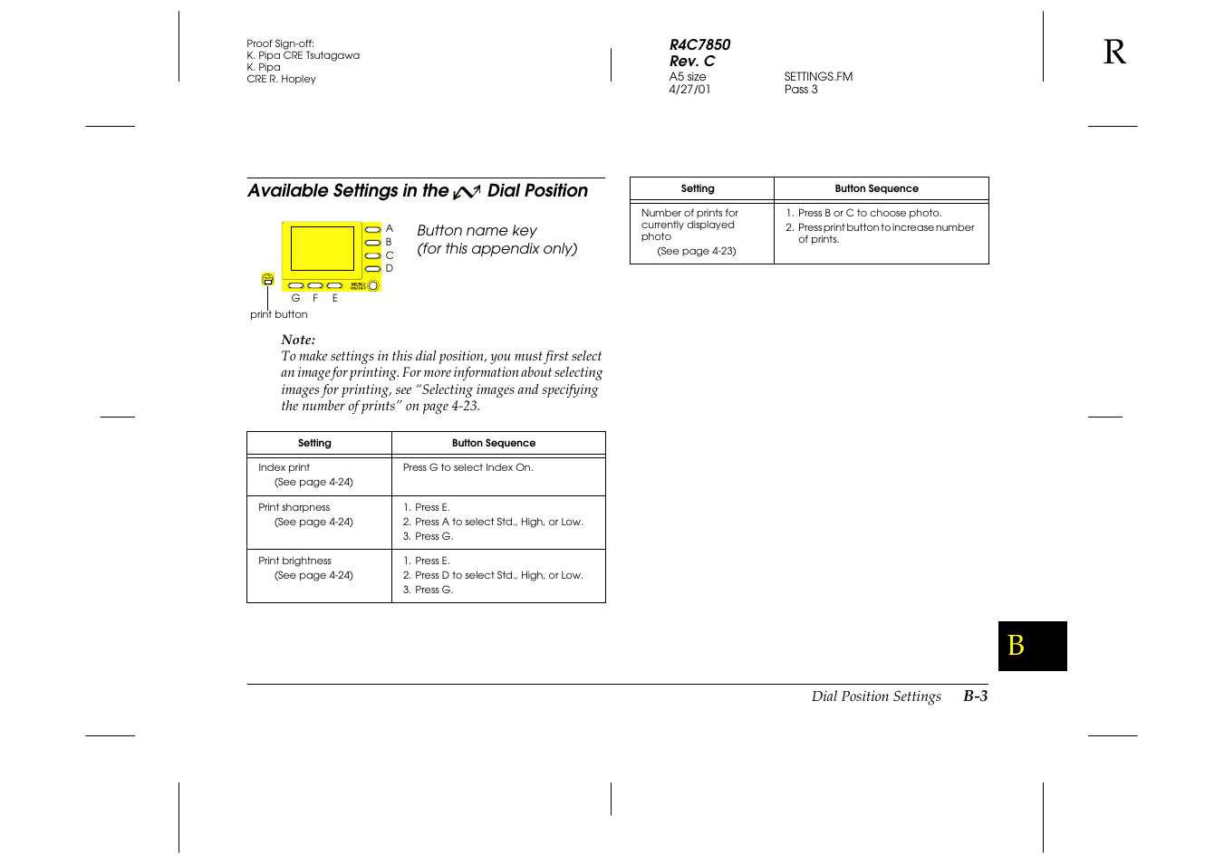 Available settings in the 2nd dial position, Available settings in the, Available settings in the dial position | Epson 3100Z User Manual | Page 127 / 143