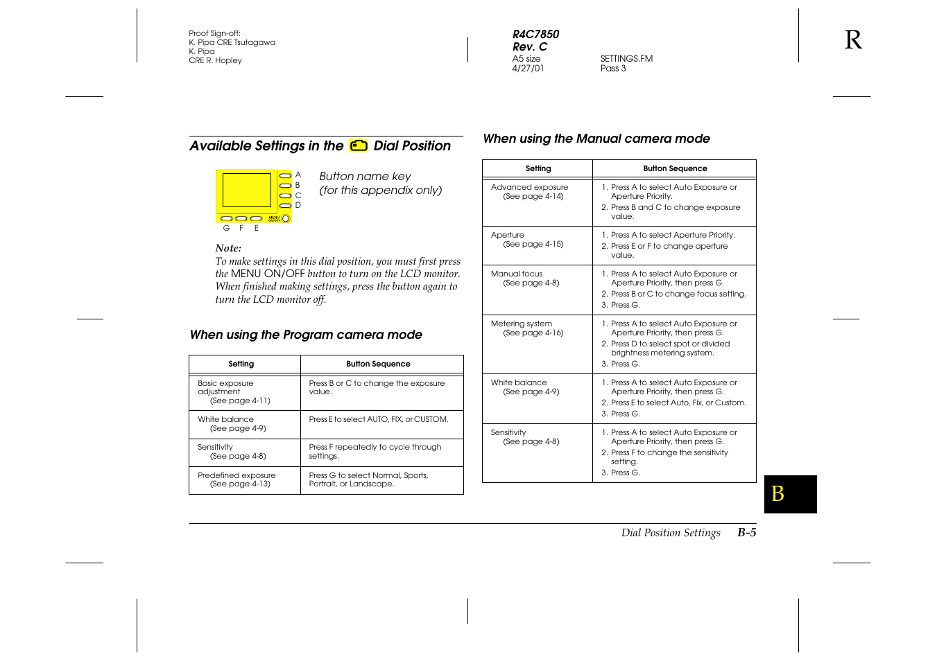 Available settings in the 4th dial position, When using the program camera mode, When using the manual camera mode | Available settings in the, Available settings in the dial position | Epson 3100Z User Manual | Page 129 / 143