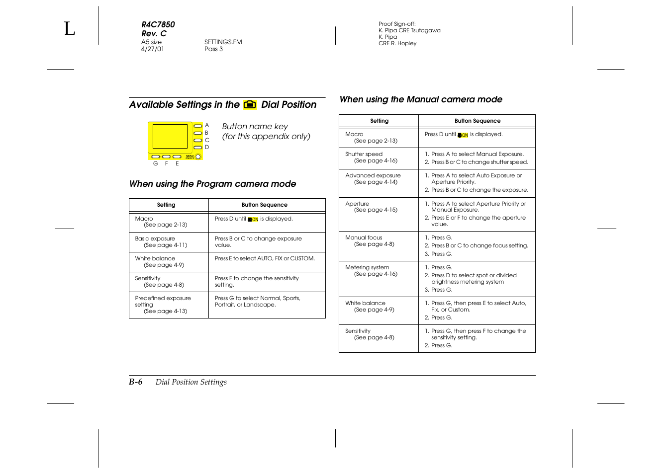 Available settings in the 5th dial position, When using the program camera mode, When using the manual camera mode | Available settings in the, Available settings in the dial position | Epson 3100Z User Manual | Page 130 / 143