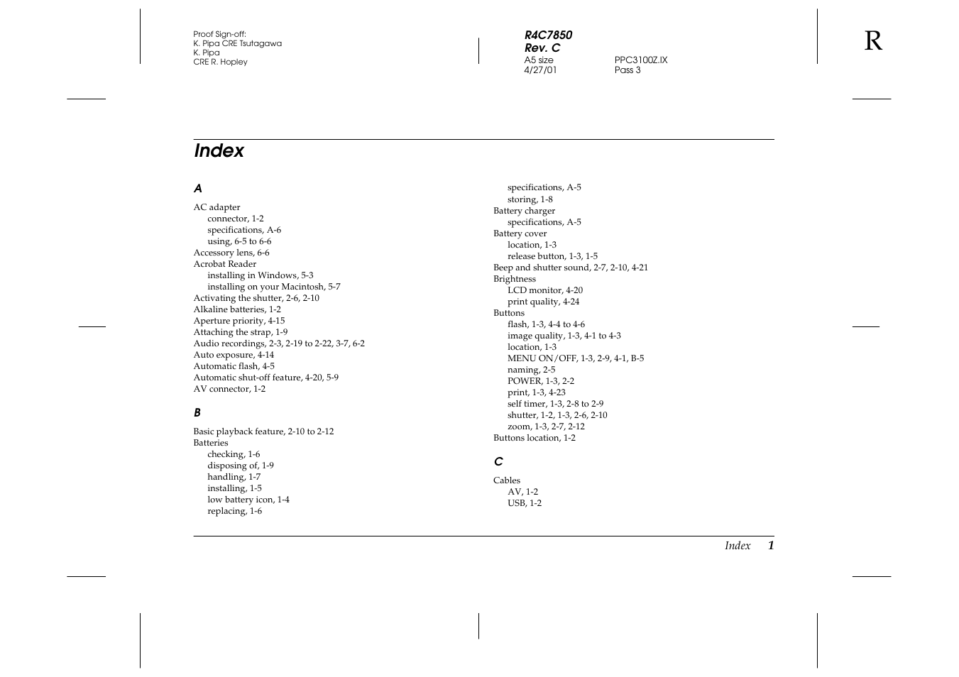 Index | Epson 3100Z User Manual | Page 133 / 143