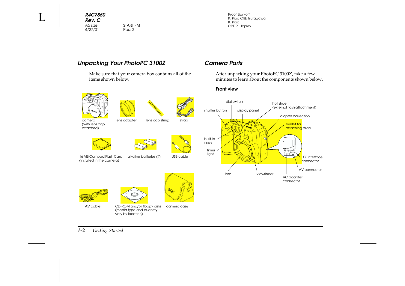 Unpacking your photopc 3100z, Camera parts, Front view | Unpacking your photopc 3100z -2 camera parts -2 | Epson 3100Z User Manual | Page 18 / 143