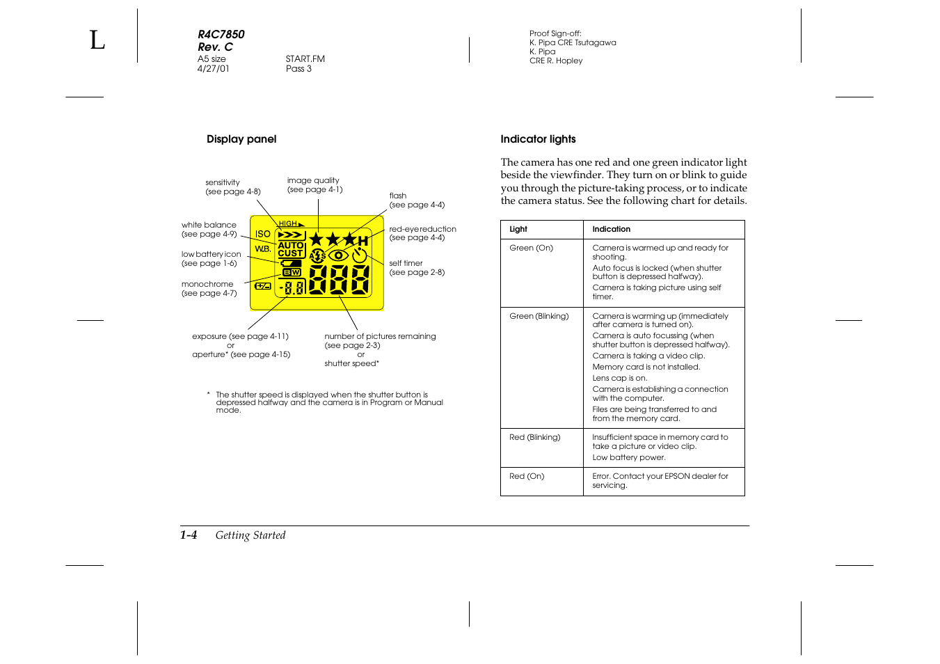 Display panel, Indicator lights | Epson 3100Z User Manual | Page 20 / 143