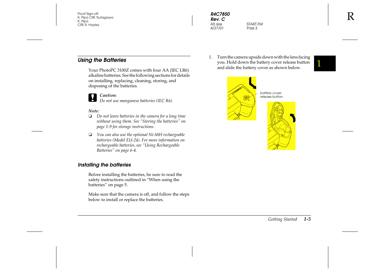 Using the batteries, Installing the batteries, Using the batteries -5 | Installing the batteries -5 | Epson 3100Z User Manual | Page 21 / 143