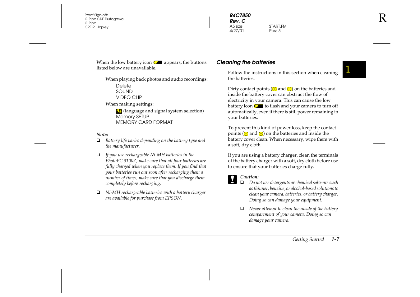 Cleaning the batteries, Cleaning the batteries -7 | Epson 3100Z User Manual | Page 23 / 143