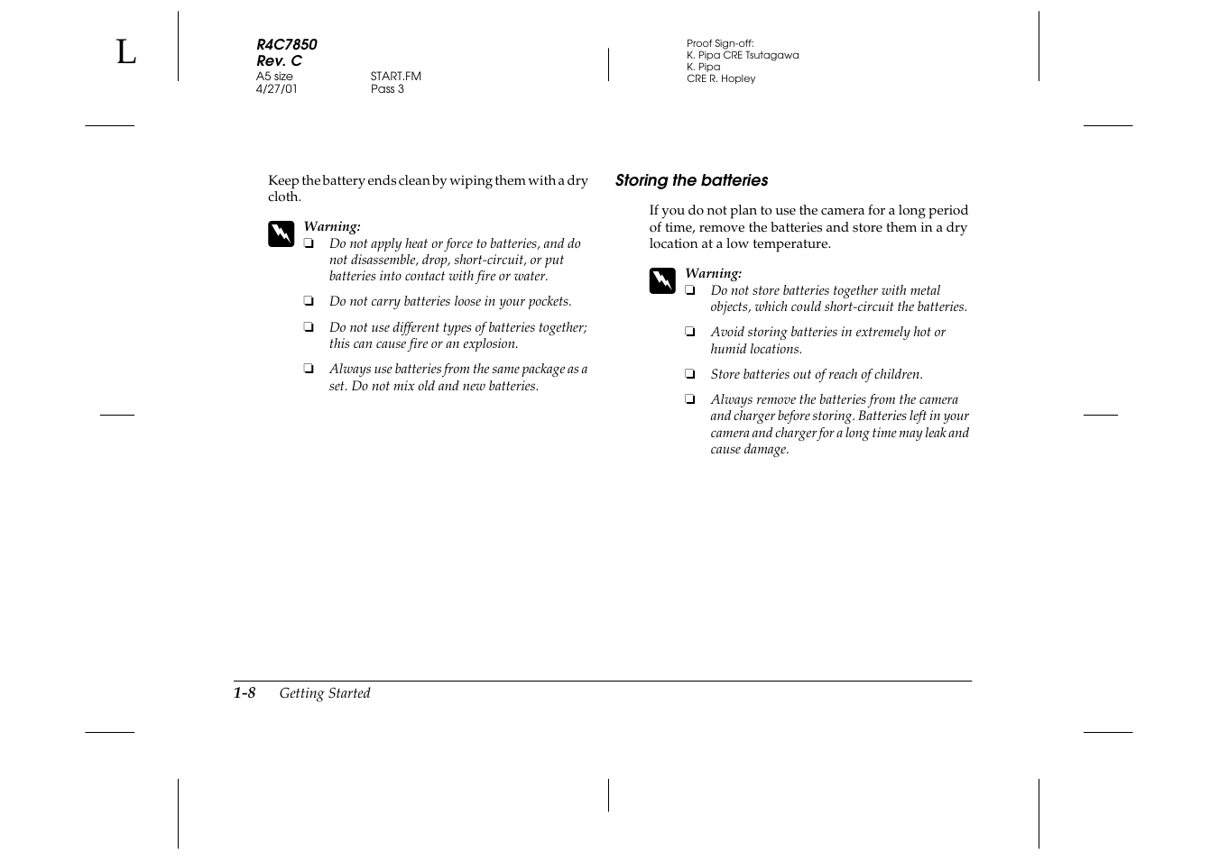 Storing the batteries, Storing the batteries -8 | Epson 3100Z User Manual | Page 24 / 143